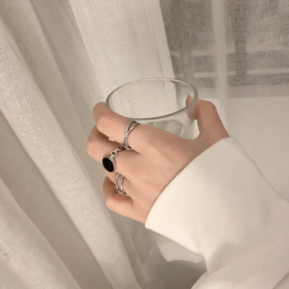 Silver Black Stone 3 Rings Set - Picture 3 of 8
